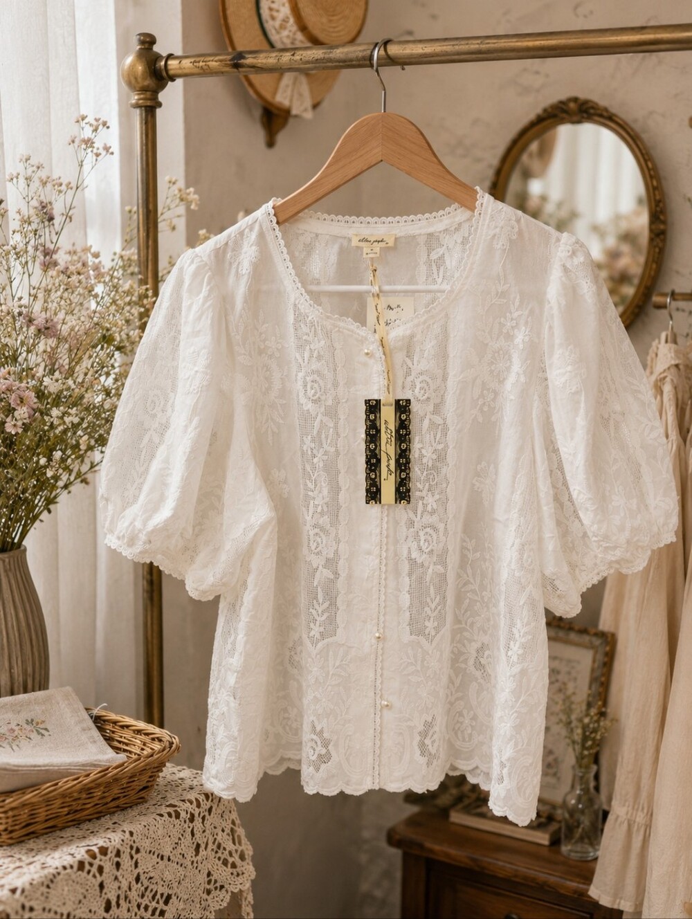 Ultra Pink White Lace Short-Sleeve Button Front Top